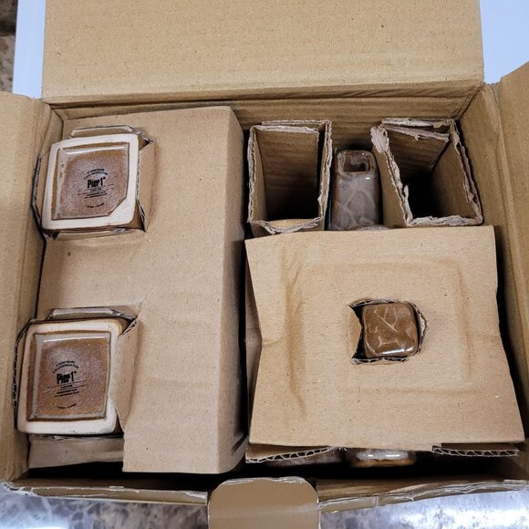 Pier 1 Stoneware Canyon Tea Set Teapot 4 Cups New in Box Brown Square Abstract - Picture 2 of 8